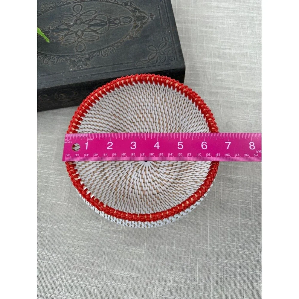 Vintage Woven Pedestal Basket Bowl Red Trim Boho Cottagecore Centerpiece Decor